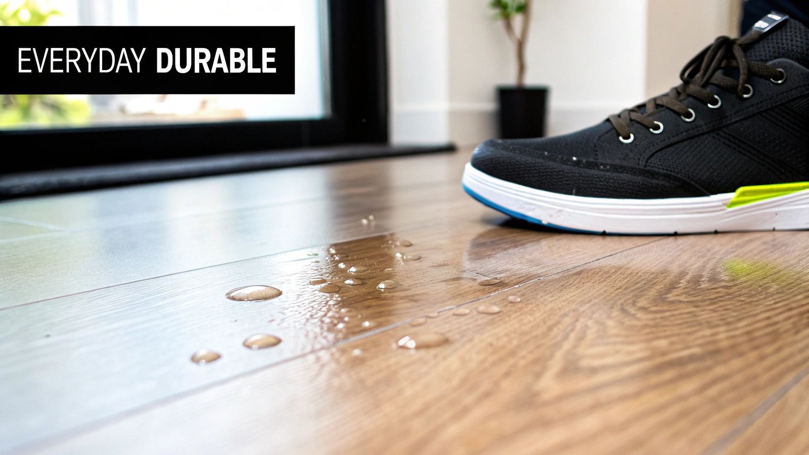 Luxury vinyl plank flooring showing waterproof durability and real-life wear resistance